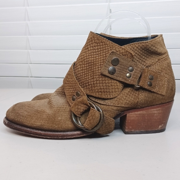 Free People Boho Leather Sz 38 Tortuga Strappy Suede Stacked Heel Booties - Picture 5 of 16